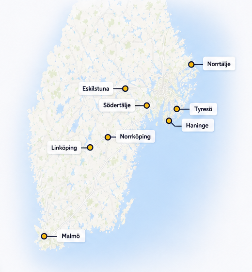 Karta över Malmö, Linköping, Norrköping, Eskilstuna, Södertälje, Tyresö, Haninge och Norrtälje